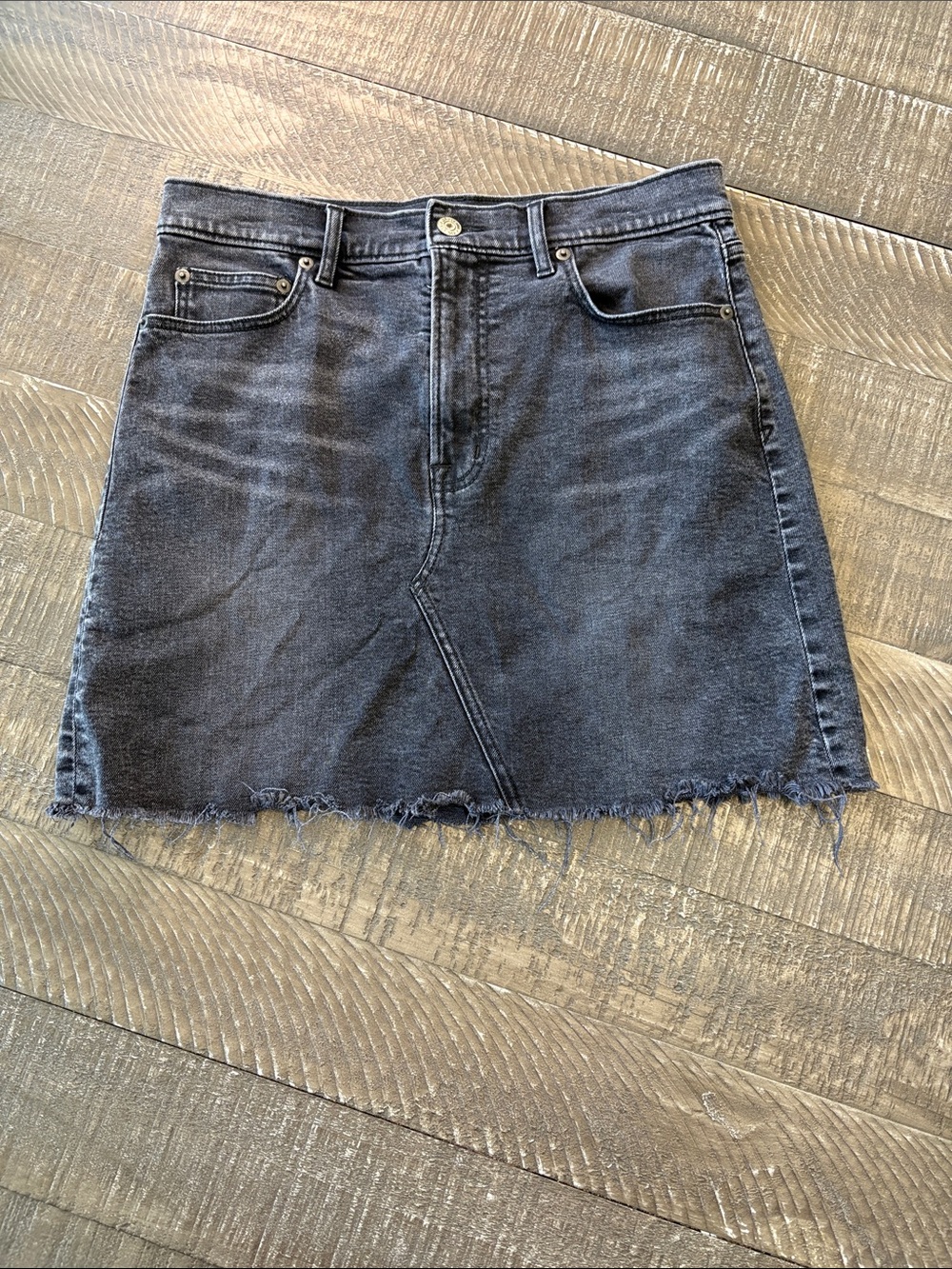 GAP Black Washed Denim Mini Skirt with Frayed Hem